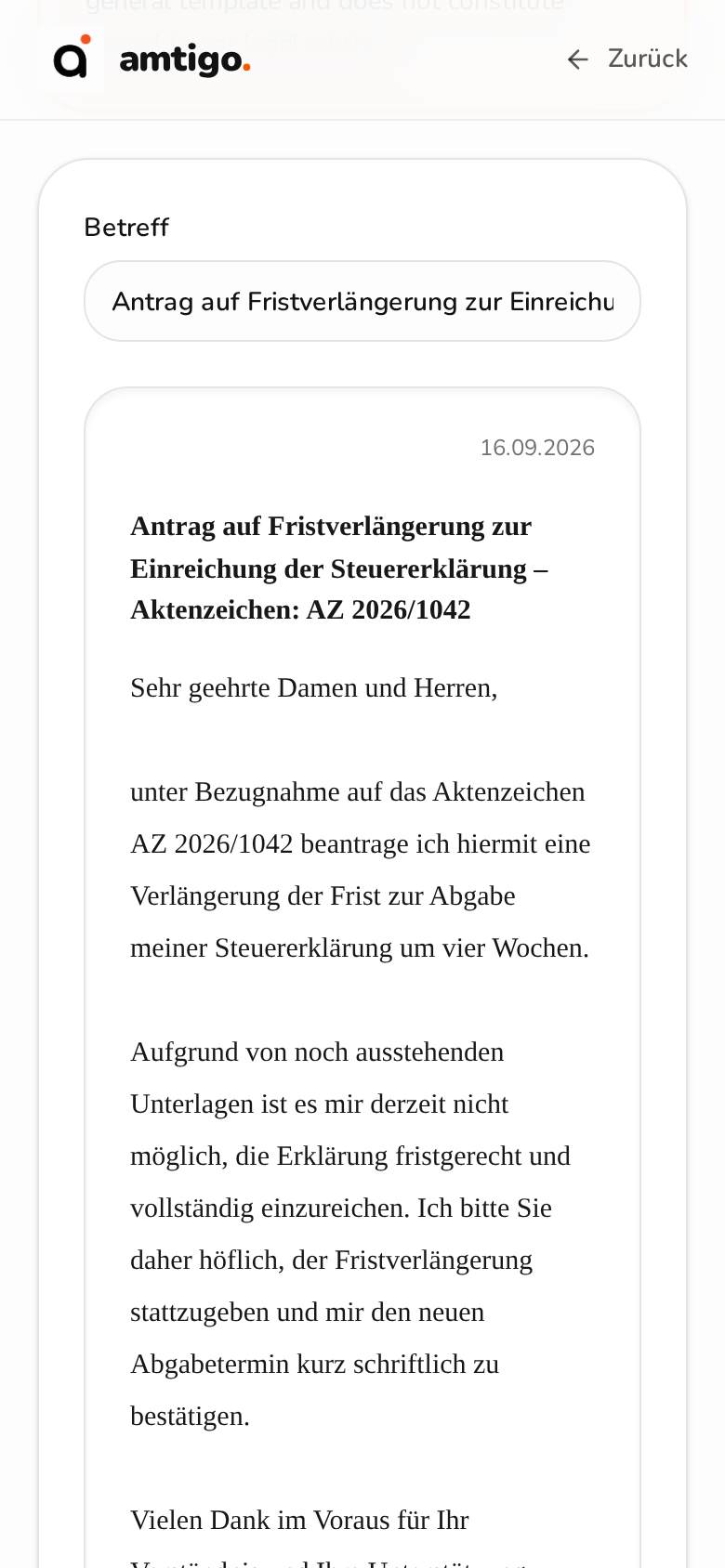 Echter von amtigo erstellter Briefentwurf im formellen DIN-Stil
